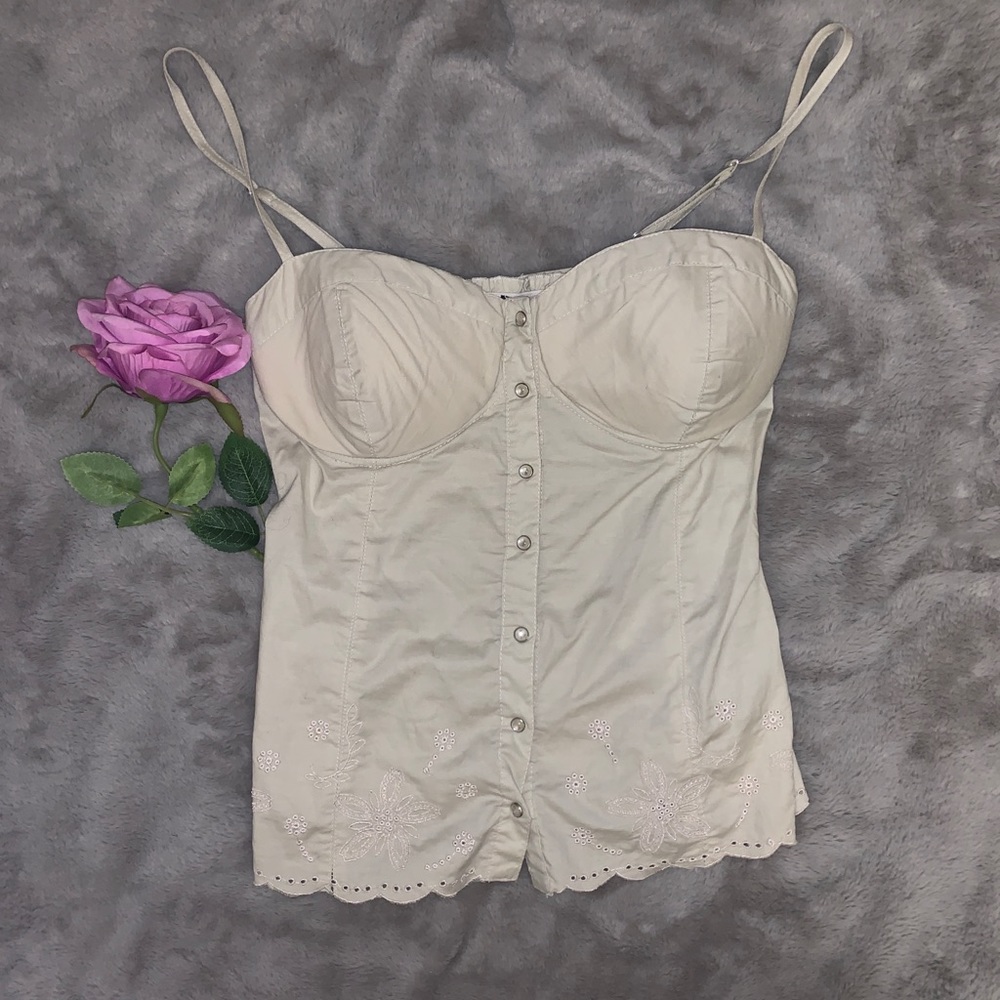 Cream thin strap bustier button down cami top